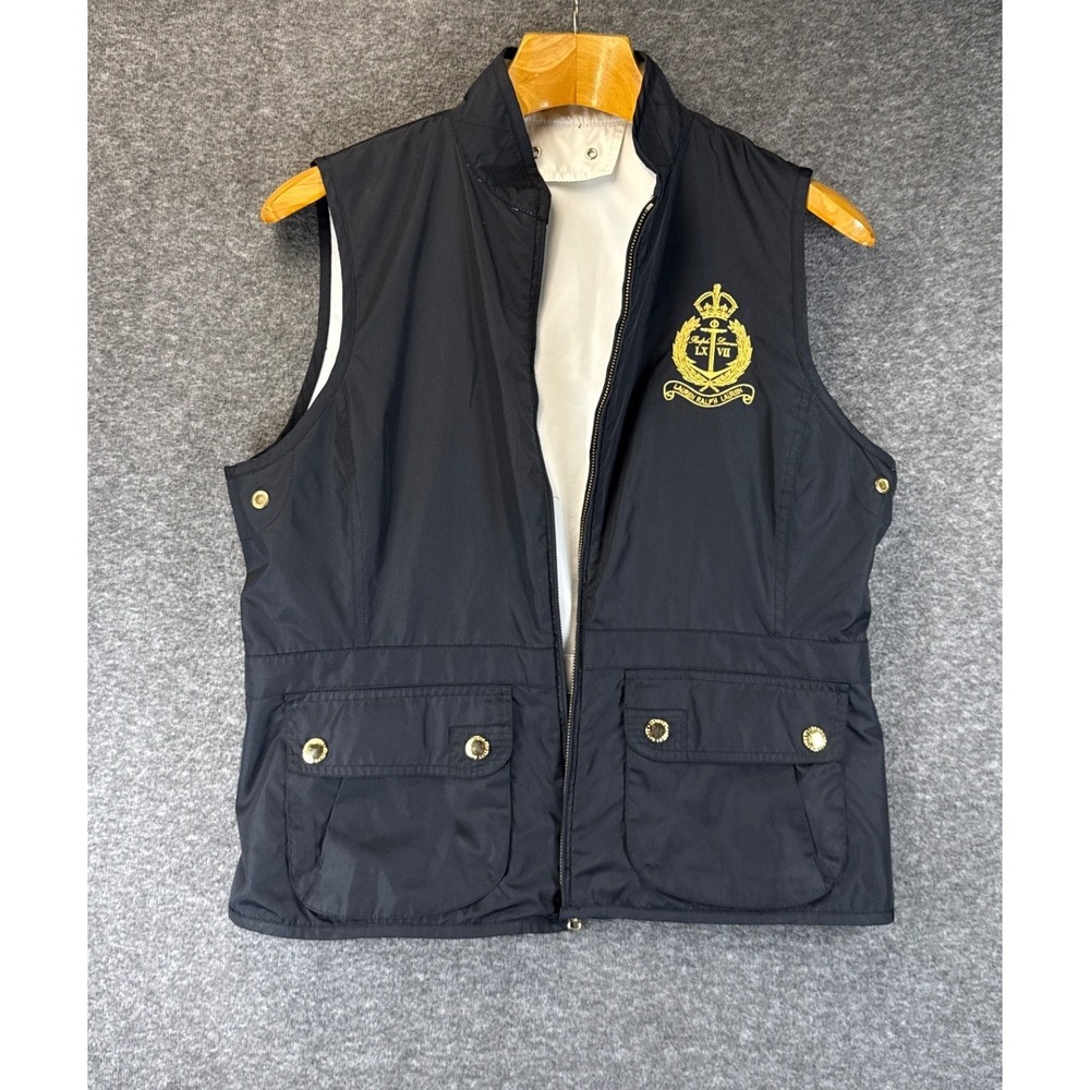 Lauren Ralph Lauren Reversible Vest Womens L Navy White Crest Preppy Nautical